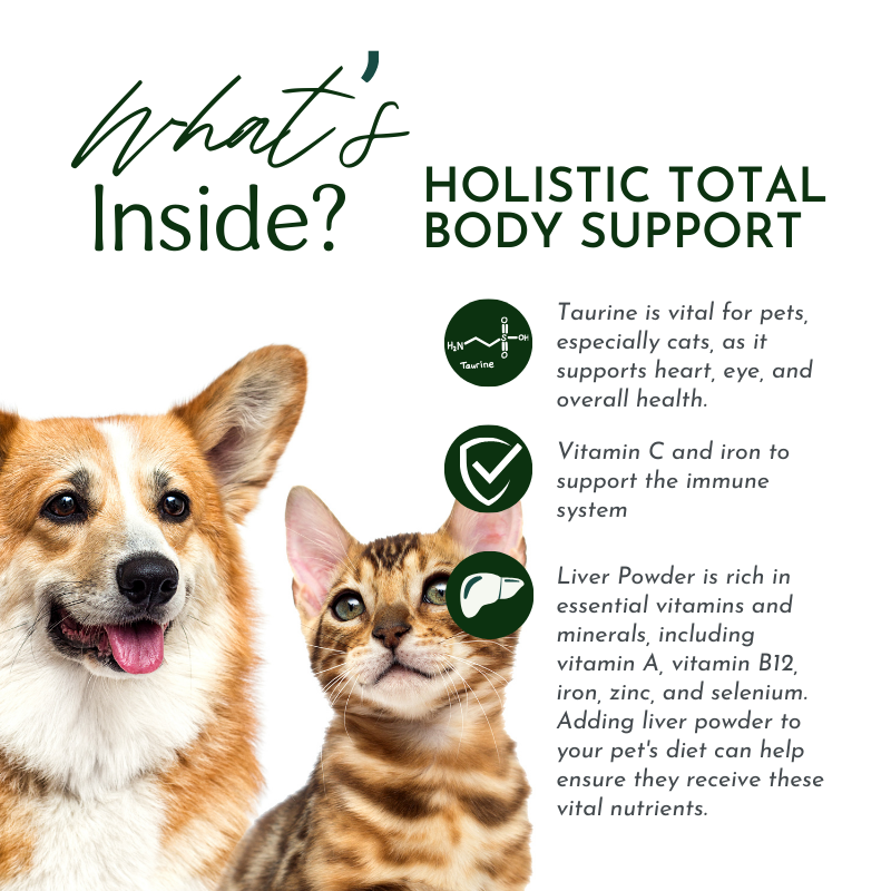 Advertisement for pet health product with a dog and cat, highlighting ingredients like taurine, vitamin C, iron, and liver powder.