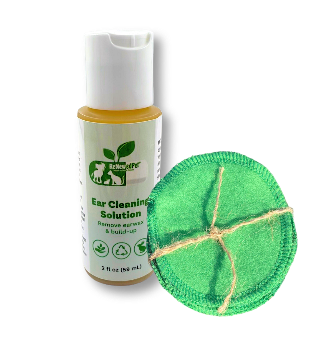 Dog ear cleaning solution bottle with green cotton pads on a white background