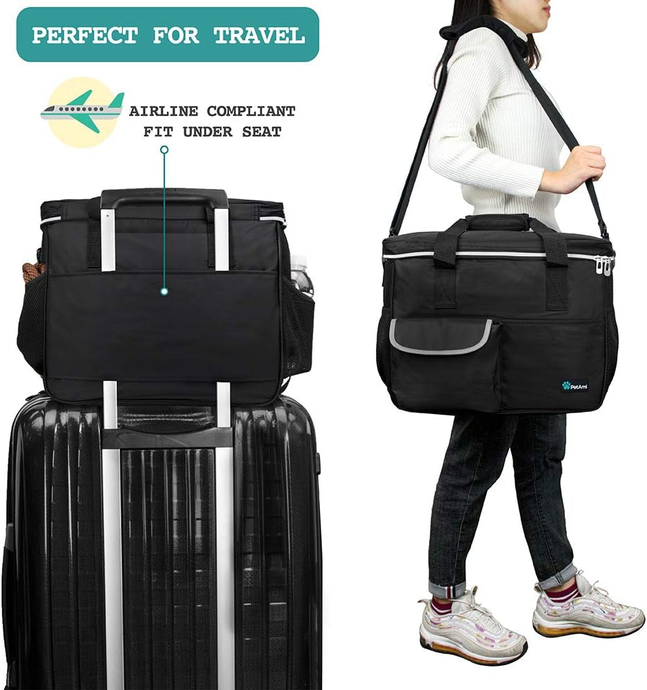 Dog Travel Bag | Airline Approved Tote Organizer with Multi-Function Pockets, Food Container Bag and Collapsible Bowl | Perfect Weekend Pet Travel Set for Dog, Cat