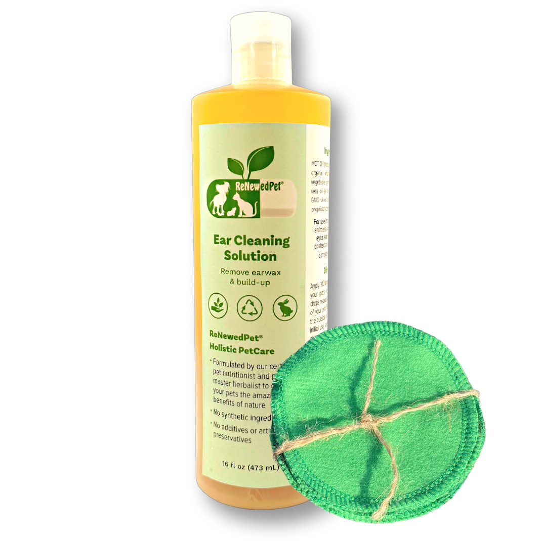 Ear cleaning solution bottle with a green cleaning pad on a white background