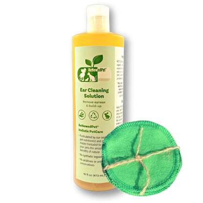 Ear cleaning solution bottle with a green cleaning pad on a white background