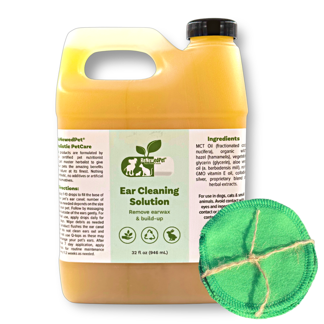Yellow bottle of ear cleaning solution for pets with a green cleaning cloth on a white background