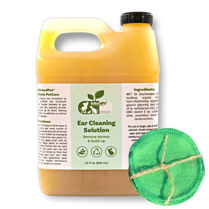 Yellow bottle of ear cleaning solution for pets with a green cleaning cloth on a white background