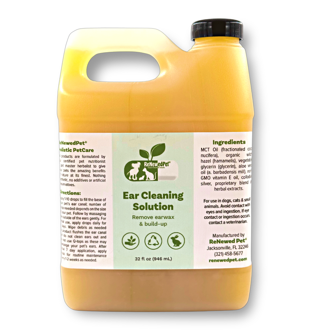Yellow bottle of ear cleaning solution for pets with a label on a white background