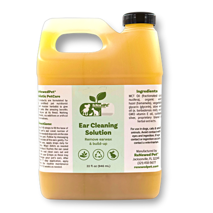 Yellow bottle of ear cleaning solution for pets with a label on a white background