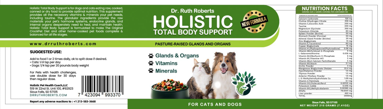 Supplement label for 'Holistic Total Body Support' by Dr. Ruth Roberts for cats and dogs, featuring images of a dog and a cat.