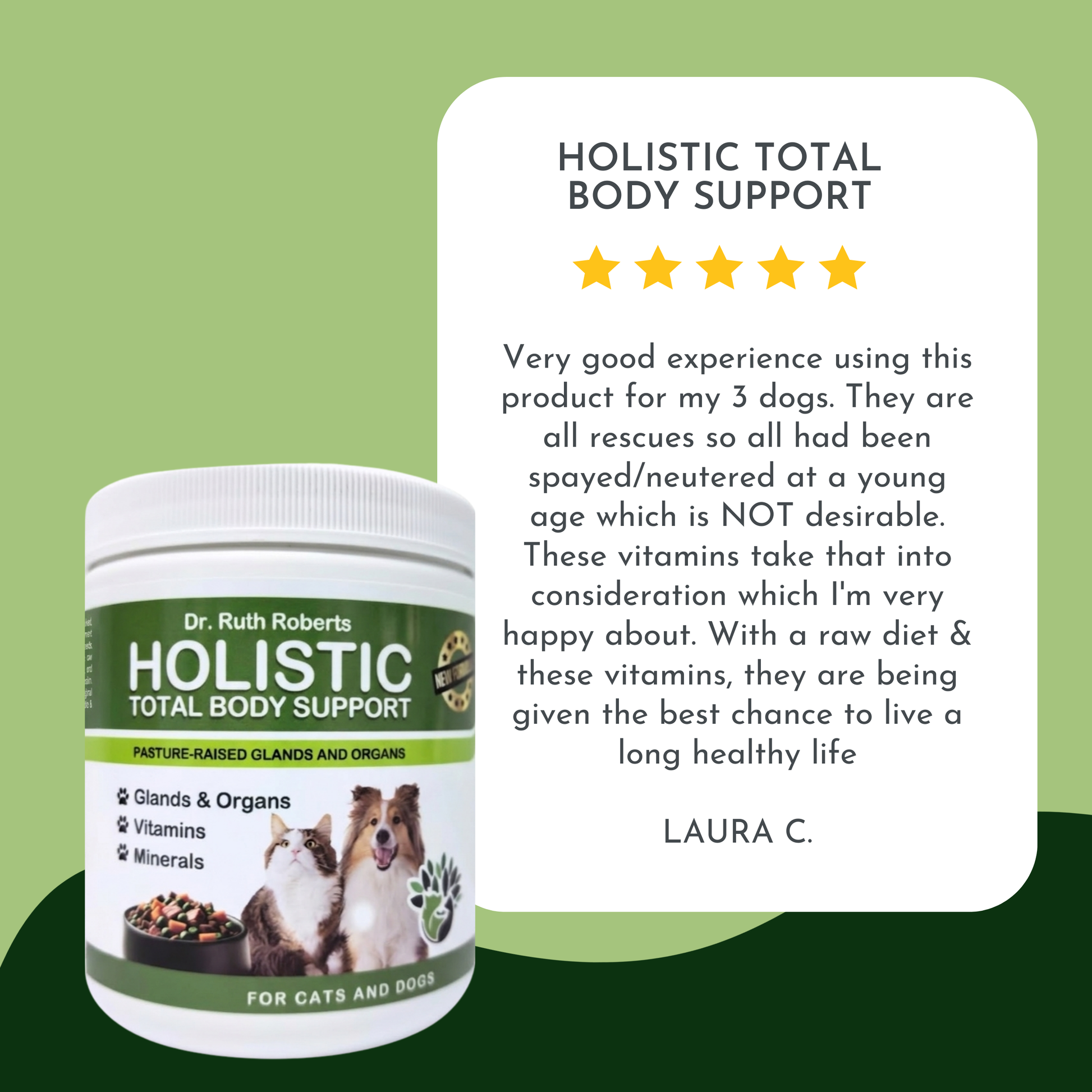 Dr. Ruth Roberts Holistic Total Body Support supplement for cats and dogs with a five-star rating and customer review on a green background.