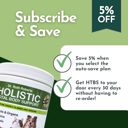 Promotional graphic for Dr. Ruth Roberts Holistic Total Body Support with a subscribe and save offer on a green background.