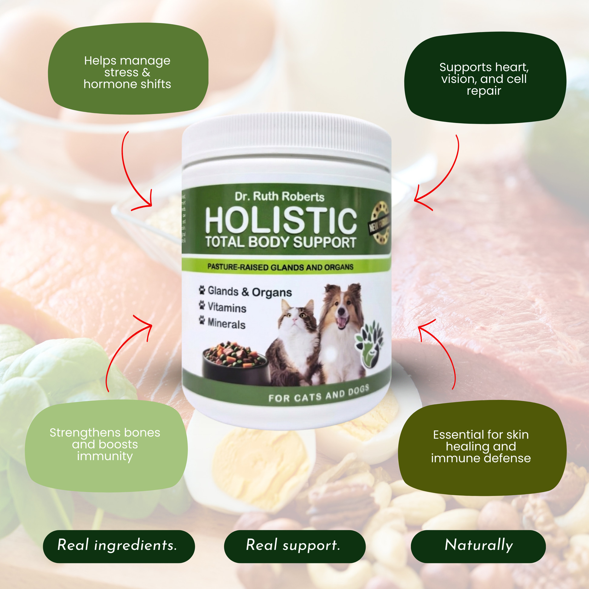 Dr. Ruth Roberts Holistic Total Body Support supplement bottle with health benefits text on a blurred food background