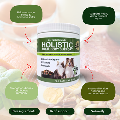 Dr. Ruth Roberts Holistic Total Body Support supplement bottle with health benefits text on a blurred food background