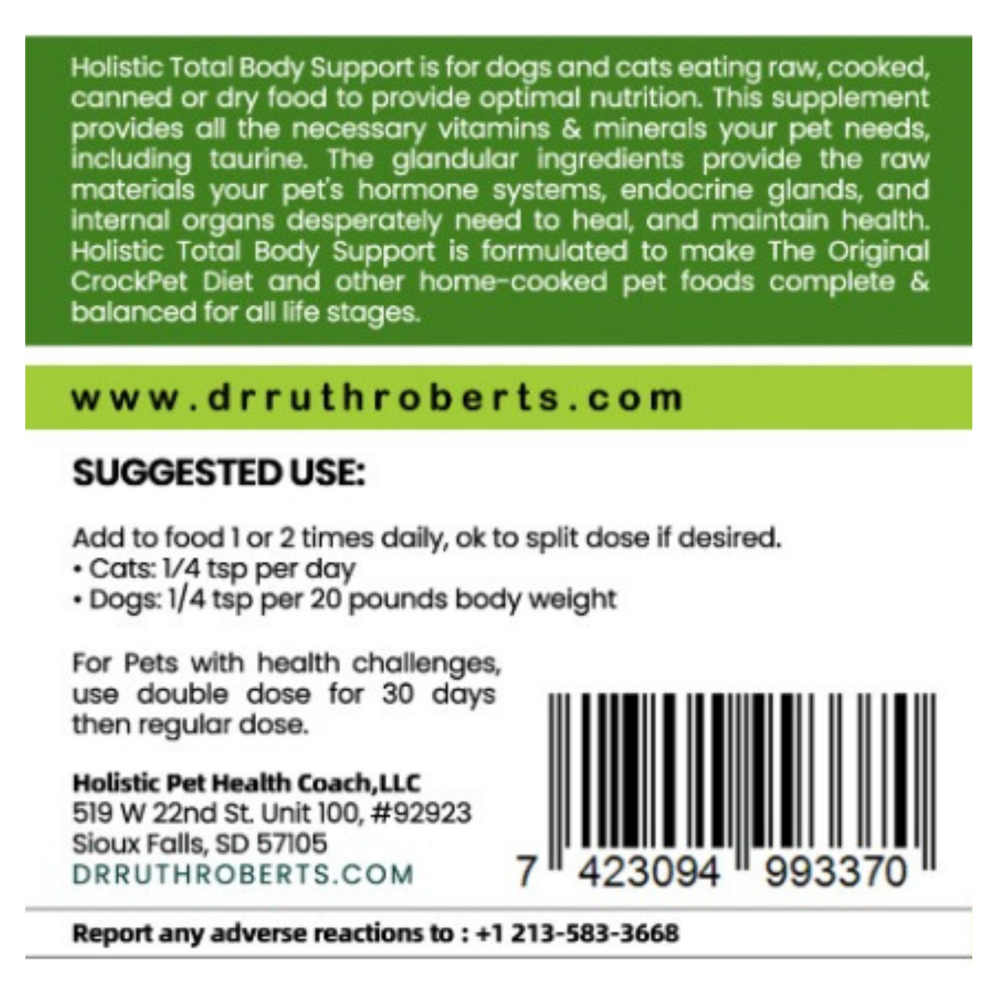 Back label of a supplement container with text and a barcode on a white background