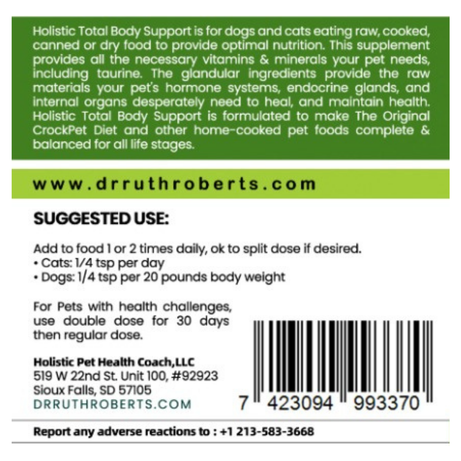 Back label of a supplement container with text and a barcode on a white background