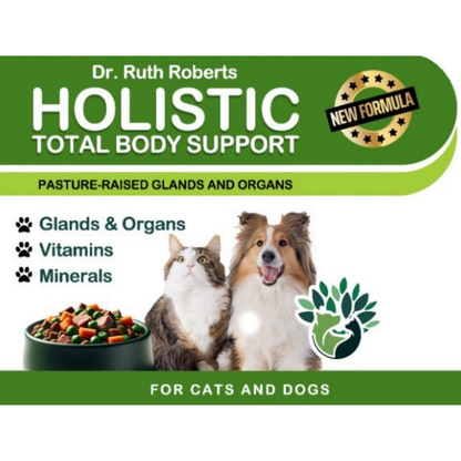 Product packaging for Dr. Ruth Roberts Holistic Total Body Support for cats and dogs with a green background.