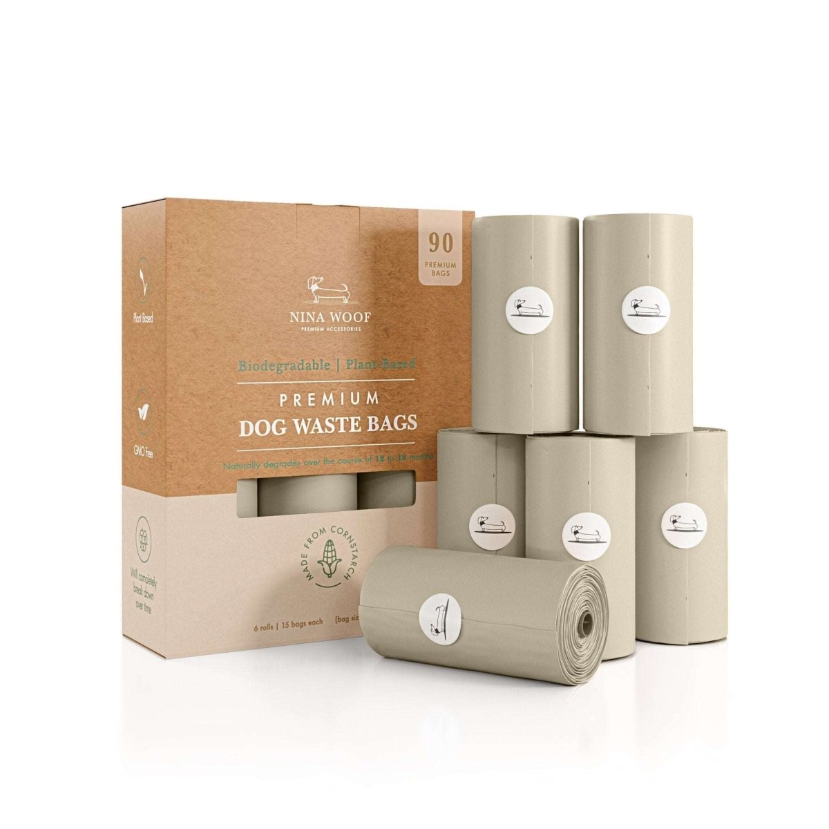 Nina Wood premium dog waste bags with packaging on a white background