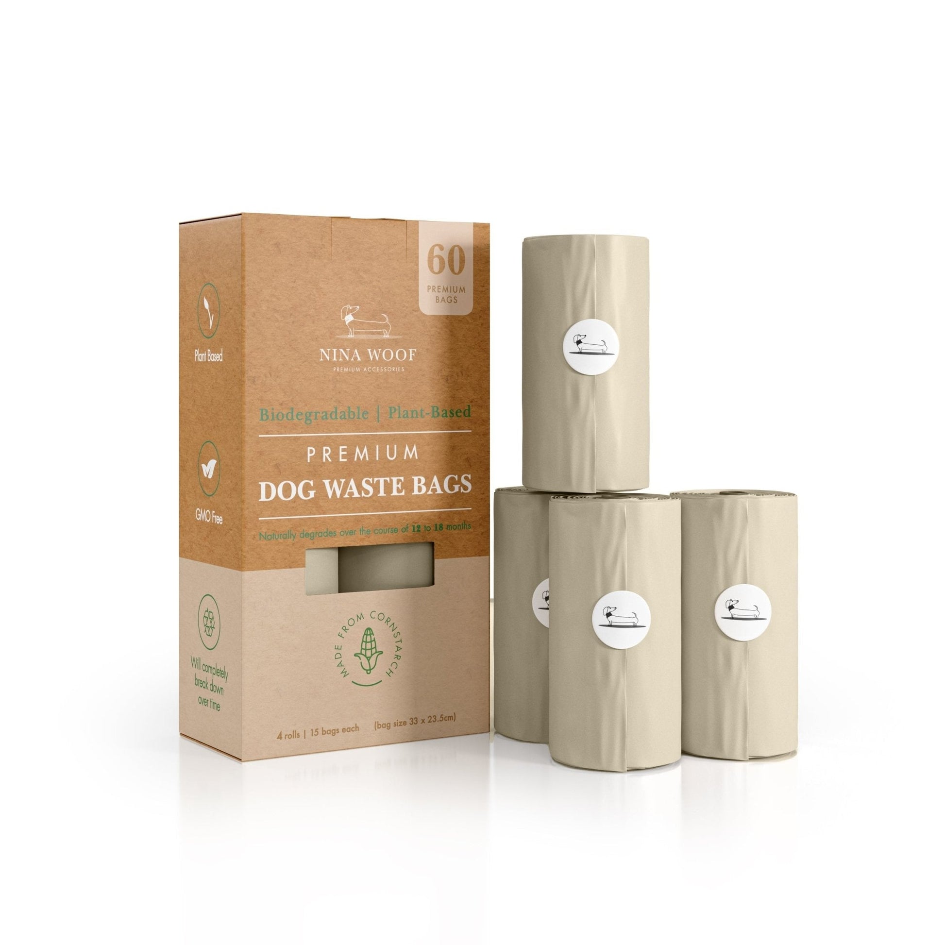 Nina Woof premium dog waste bags packaging with three beige bags on a white background