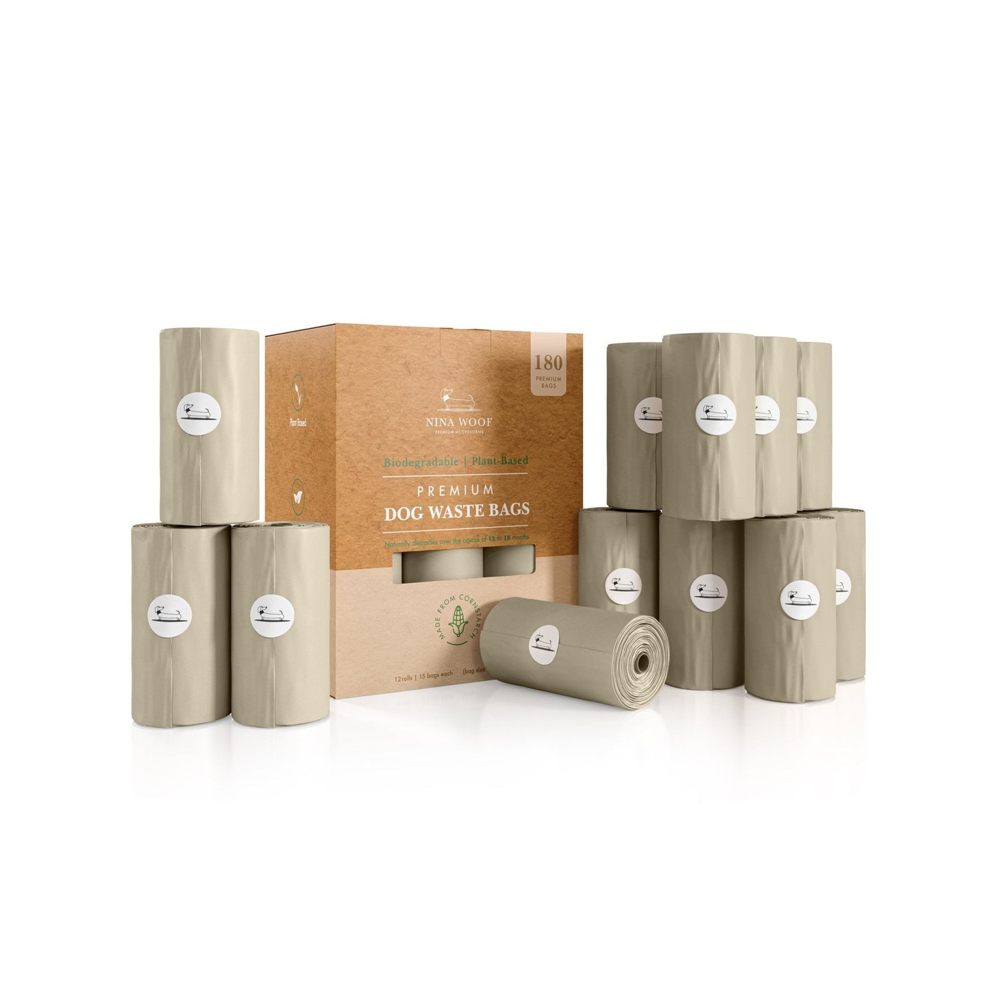Collection of dog waste bags with packaging on a white background