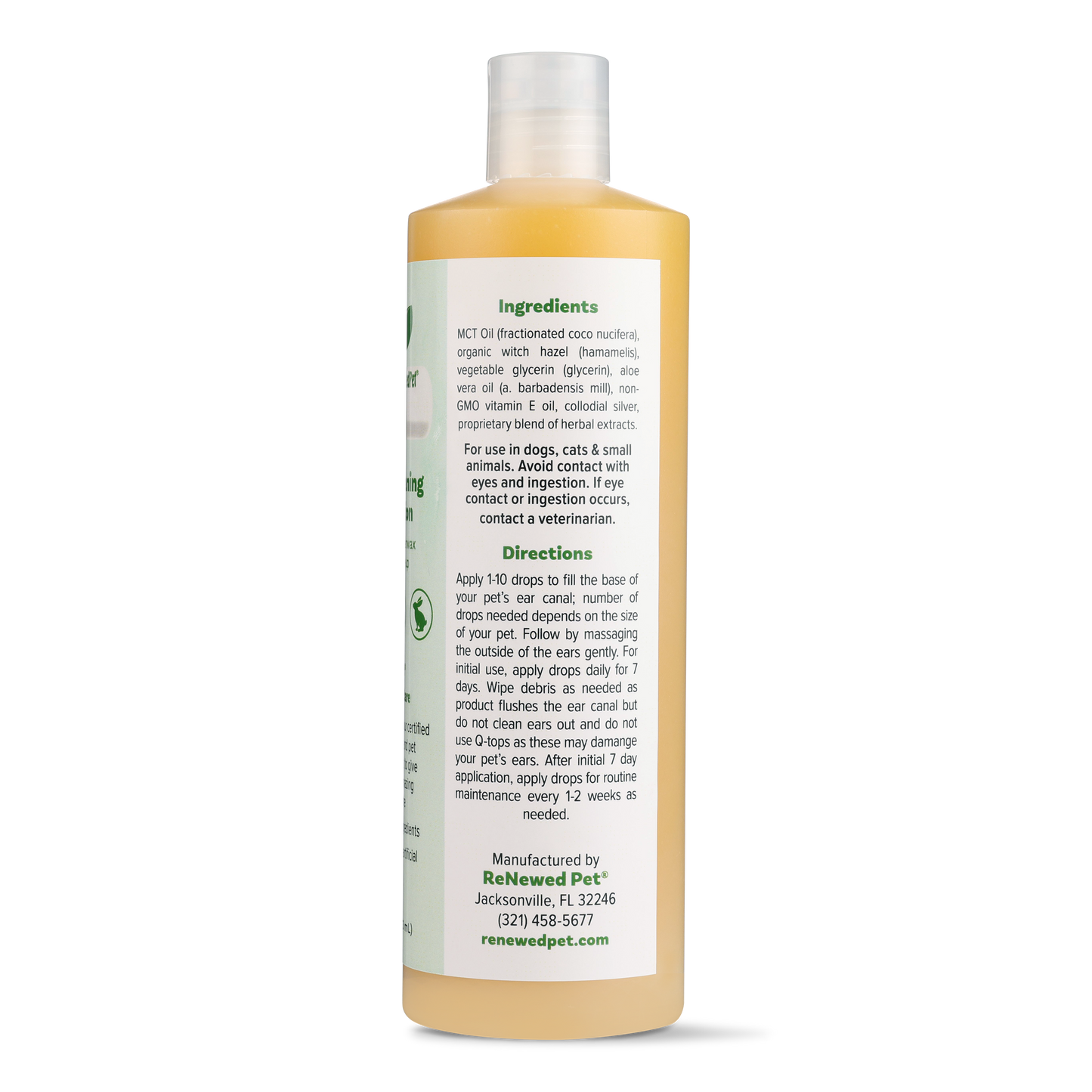 Bottle of pet shampoo with label showing ingredients and directions on a white background