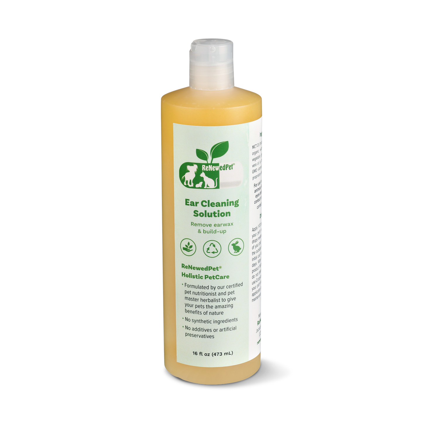 Bottle of ear cleaning solution for pets on a white background