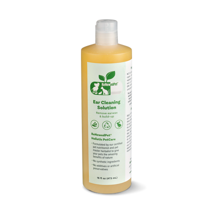 Bottle of ear cleaning solution for pets on a white background