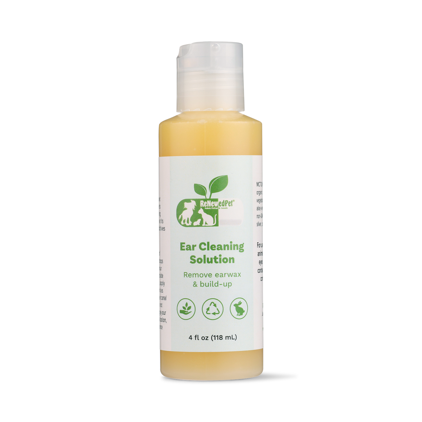 Bottle of ear cleaning solution for pets on a white background