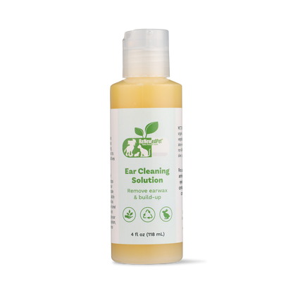 Bottle of ear cleaning solution for pets on a white background