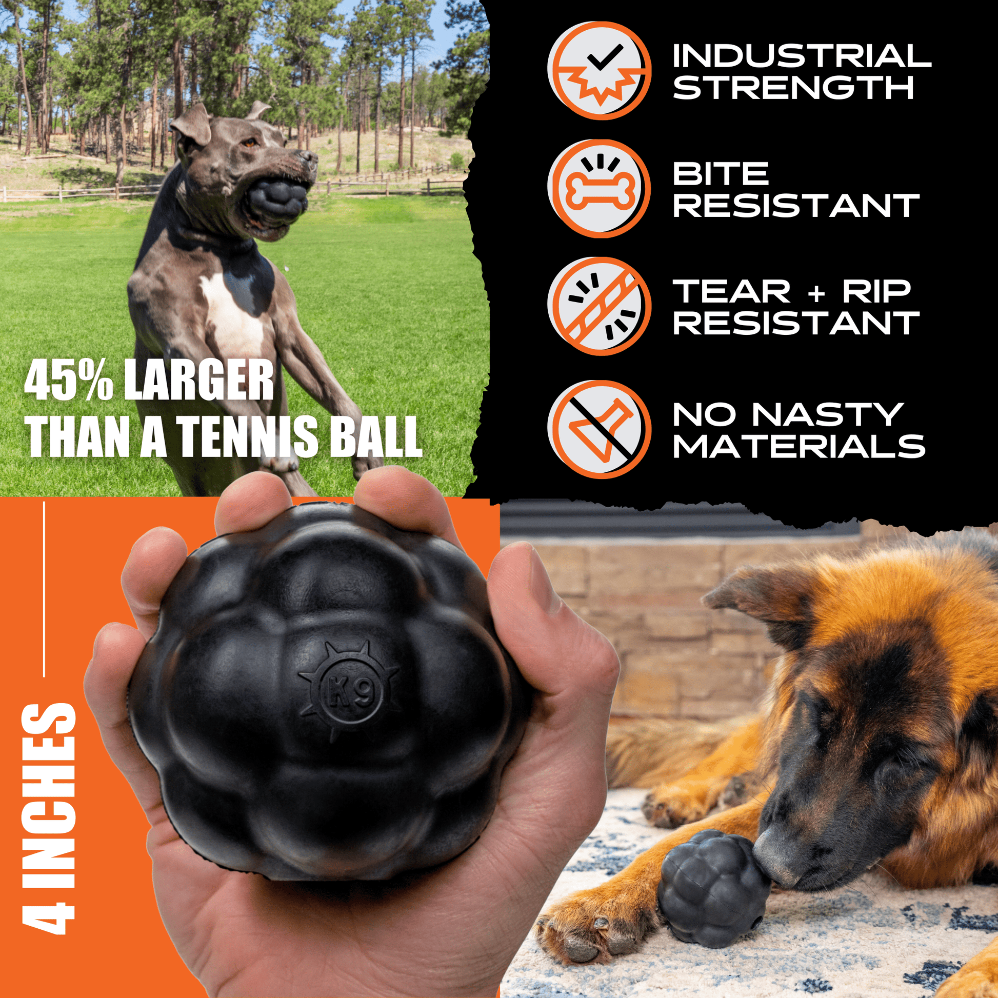 Dog toy with text highlighting features and size comparison to a tennis ball, set against outdoor and indoor backgrounds.