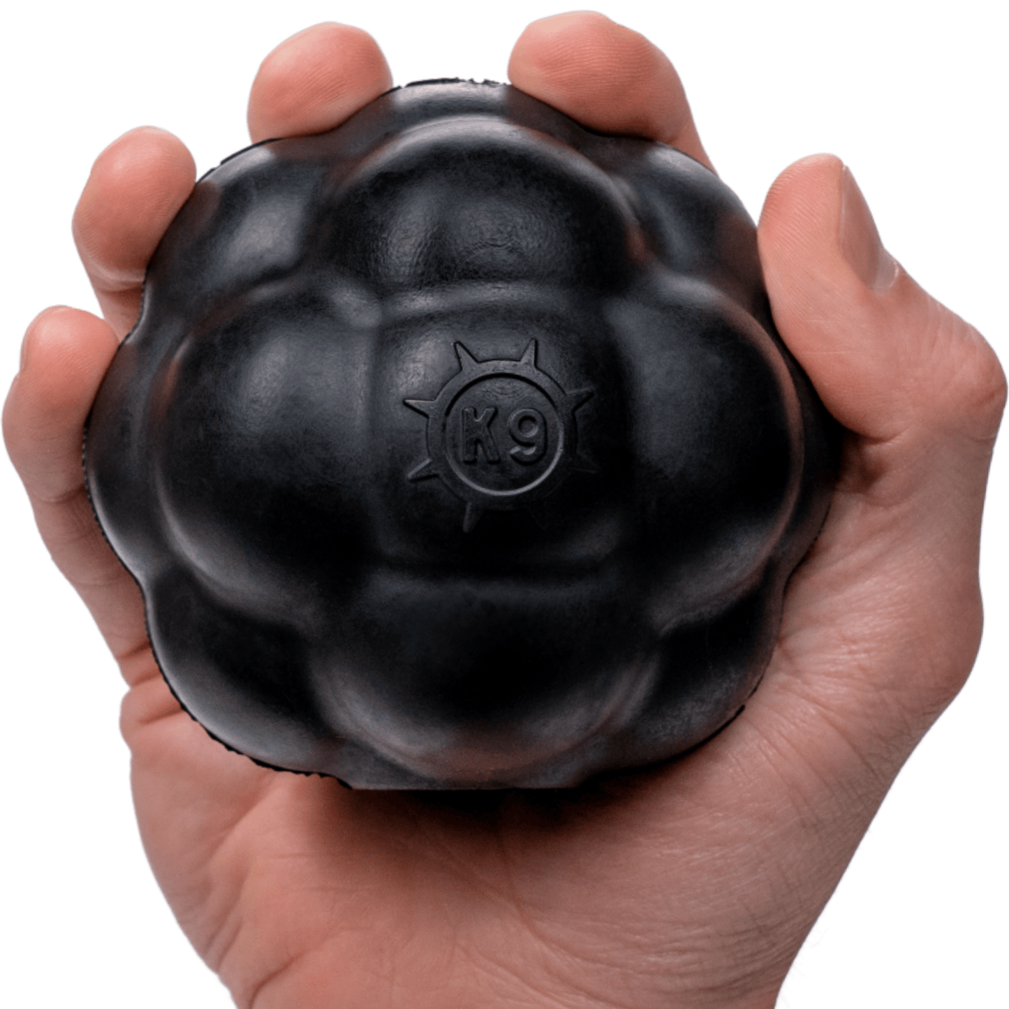 Black dog toy held in a hand with 'K9' branding on a white background