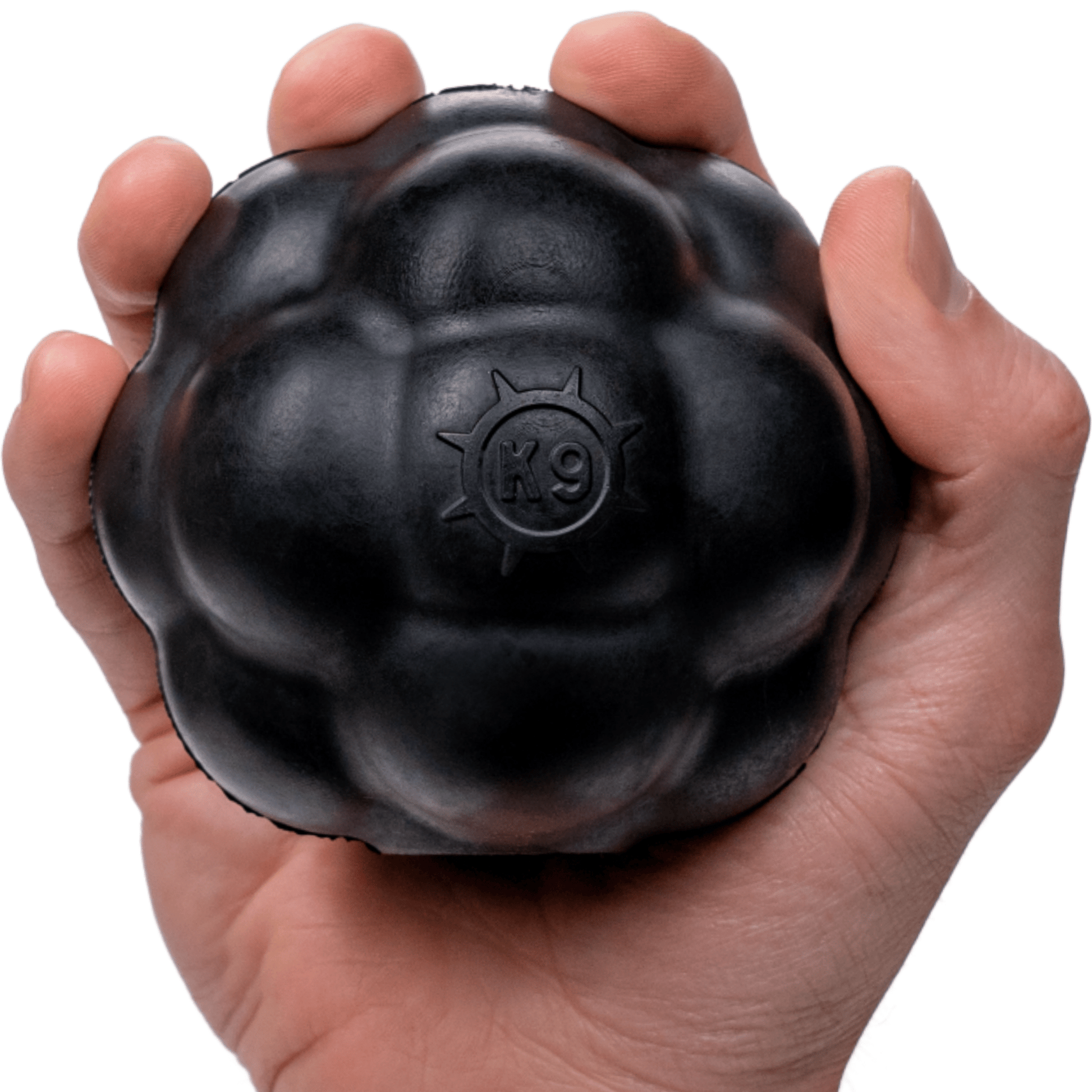 Black dog toy held in a hand with 'K9' branding on a white background