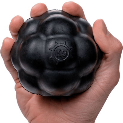 Black dog toy held in a hand with 'K9' branding on a white background