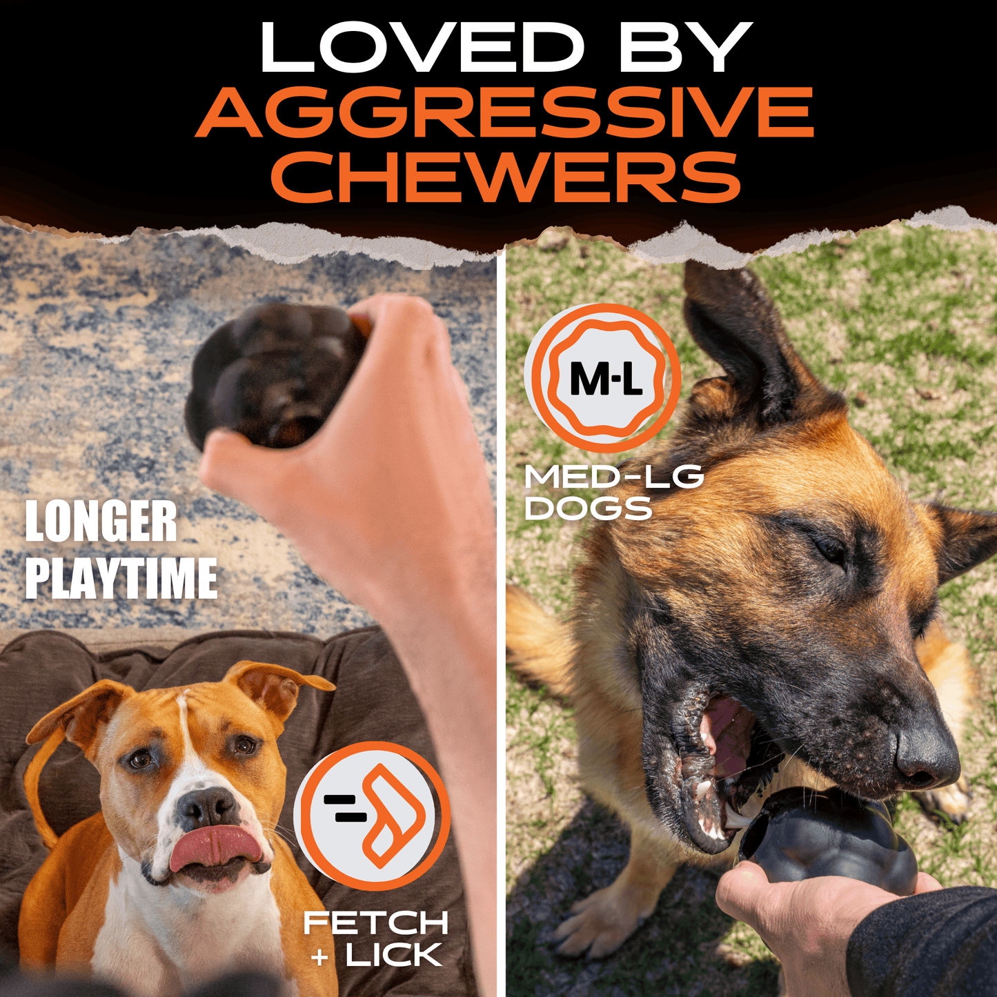Dog chew product advertisement with text 'Loved by Aggressive Chewers' and images of a dog and a hand holding a chew toy.