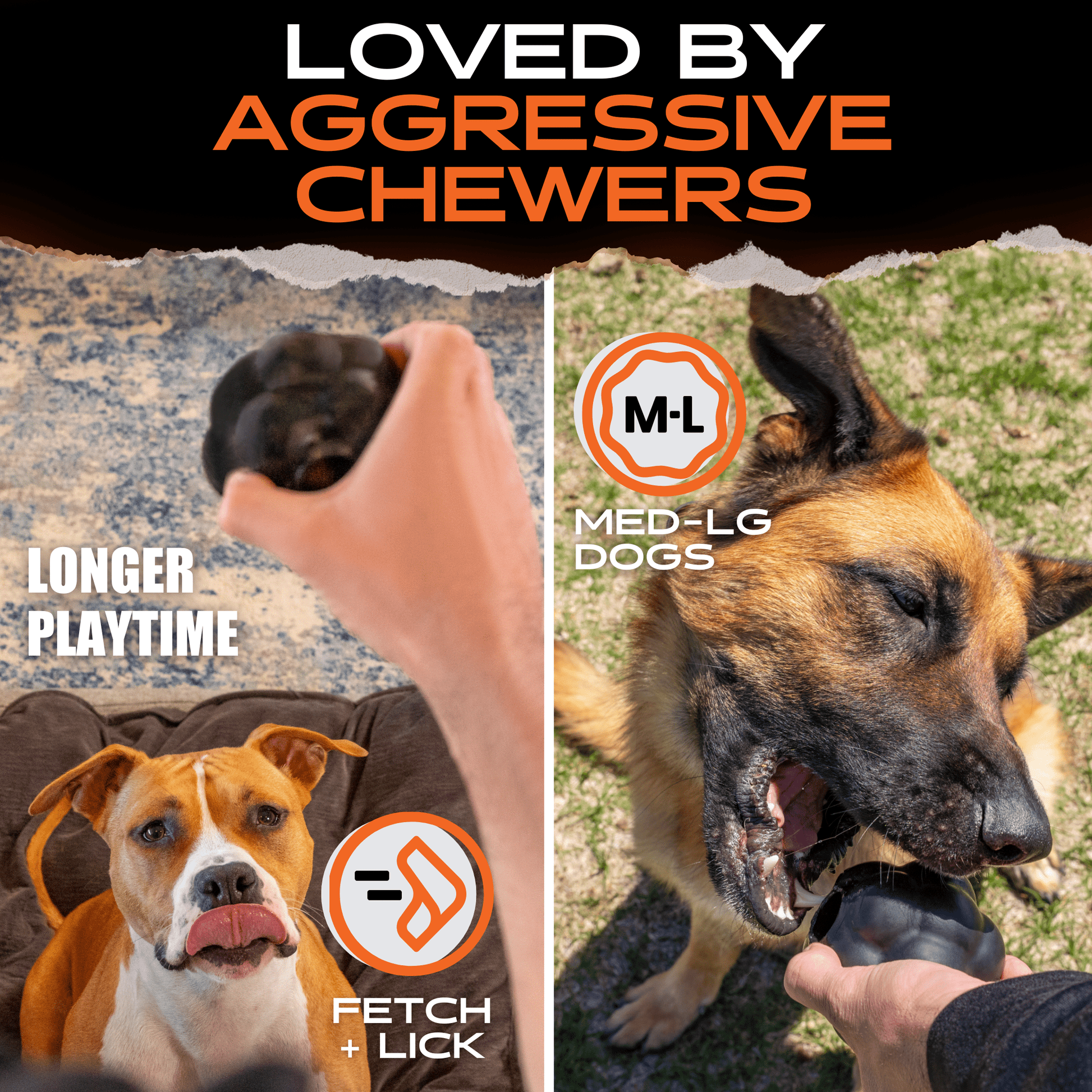 Dog chew product advertisement with text 'Loved by Aggressive Chewers' and images of a dog and a hand holding a chew toy.