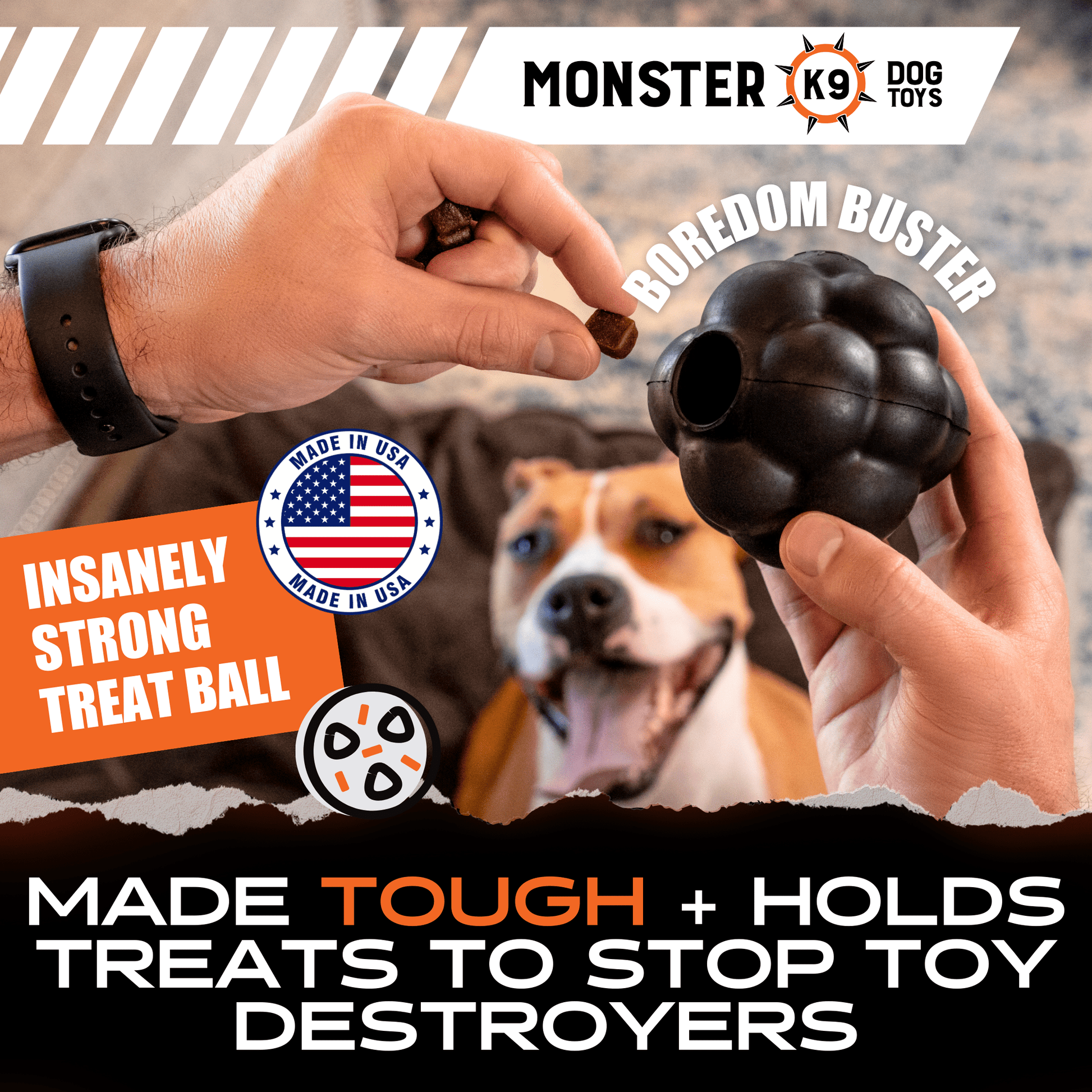 Dog toy being held by a hand with a dog in the background, featuring Monster K9 branding.