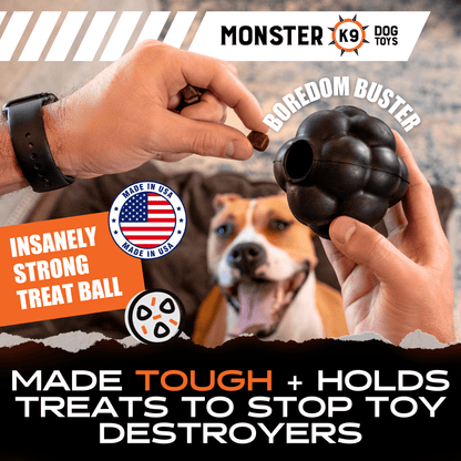 Dog toy being held by a hand with a dog in the background, featuring Monster K9 branding.