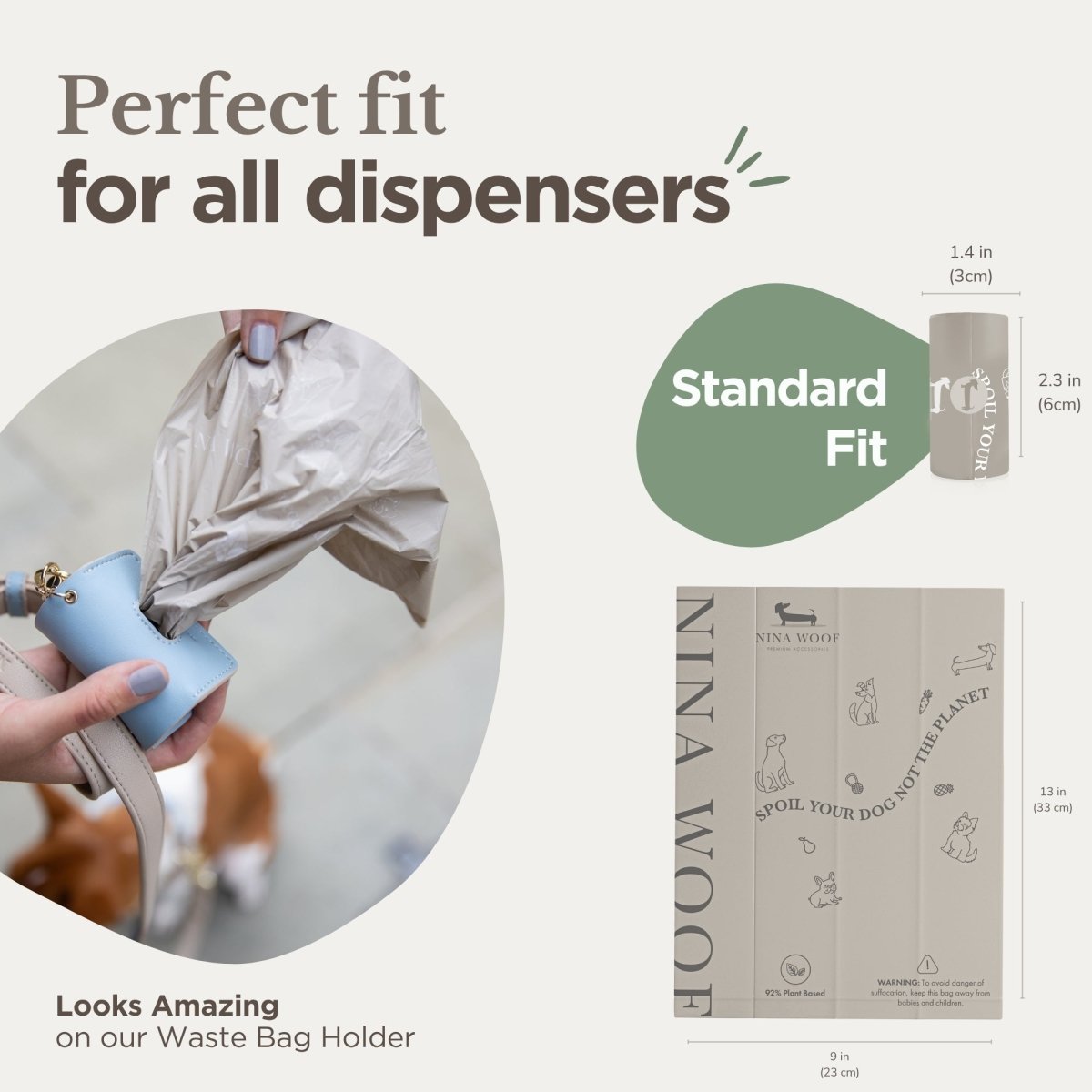 Product packaging with text 'Perfect fit for all dispensers' and a close-up of a hand holding a blue dispenser.