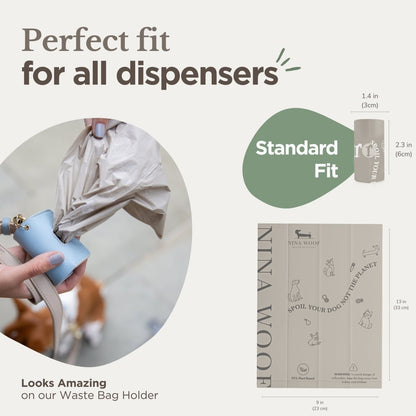Product packaging with text 'Perfect fit for all dispensers' and a close-up of a hand holding a blue dispenser.