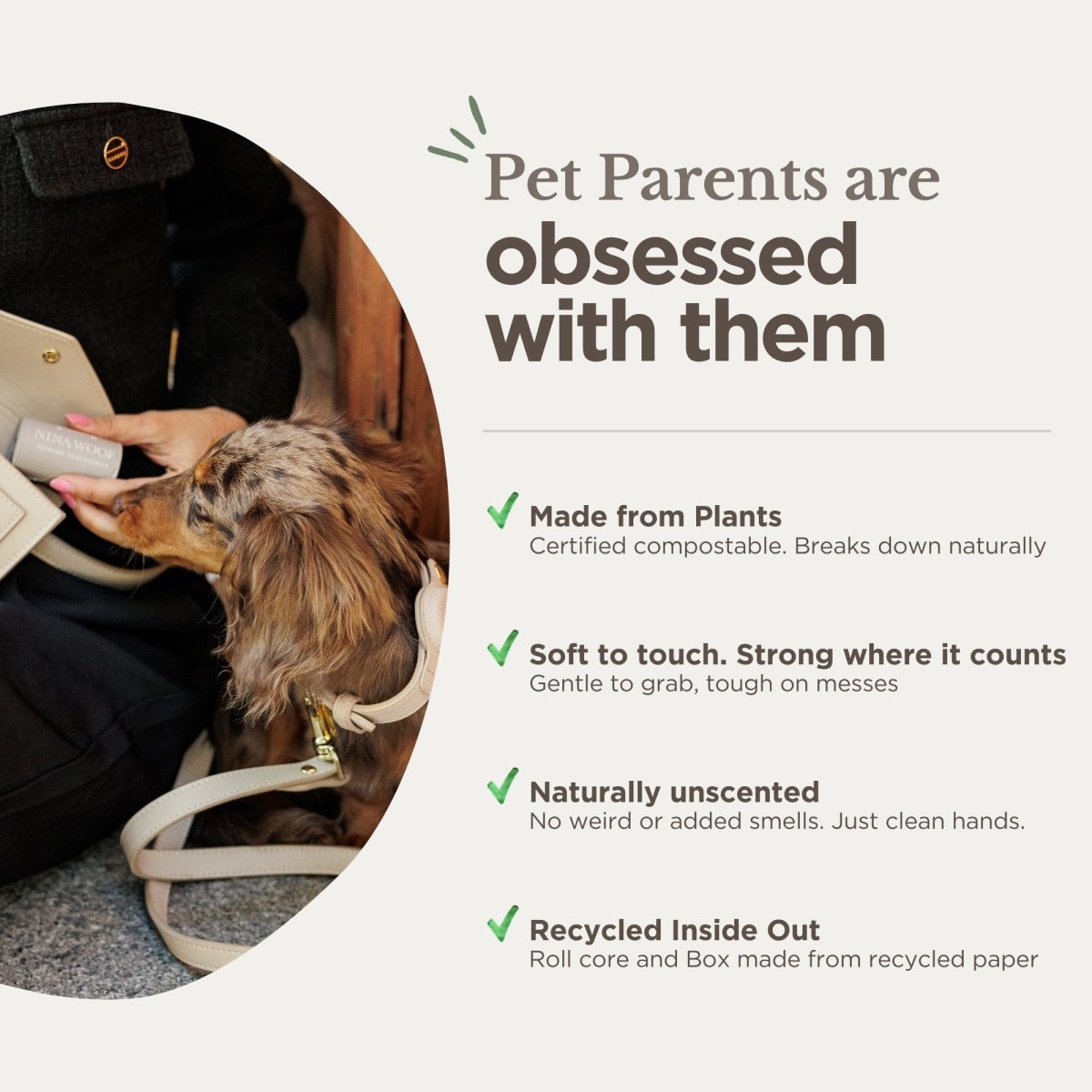 Dog using a compostable product with text about pet parents' obsession and product features.