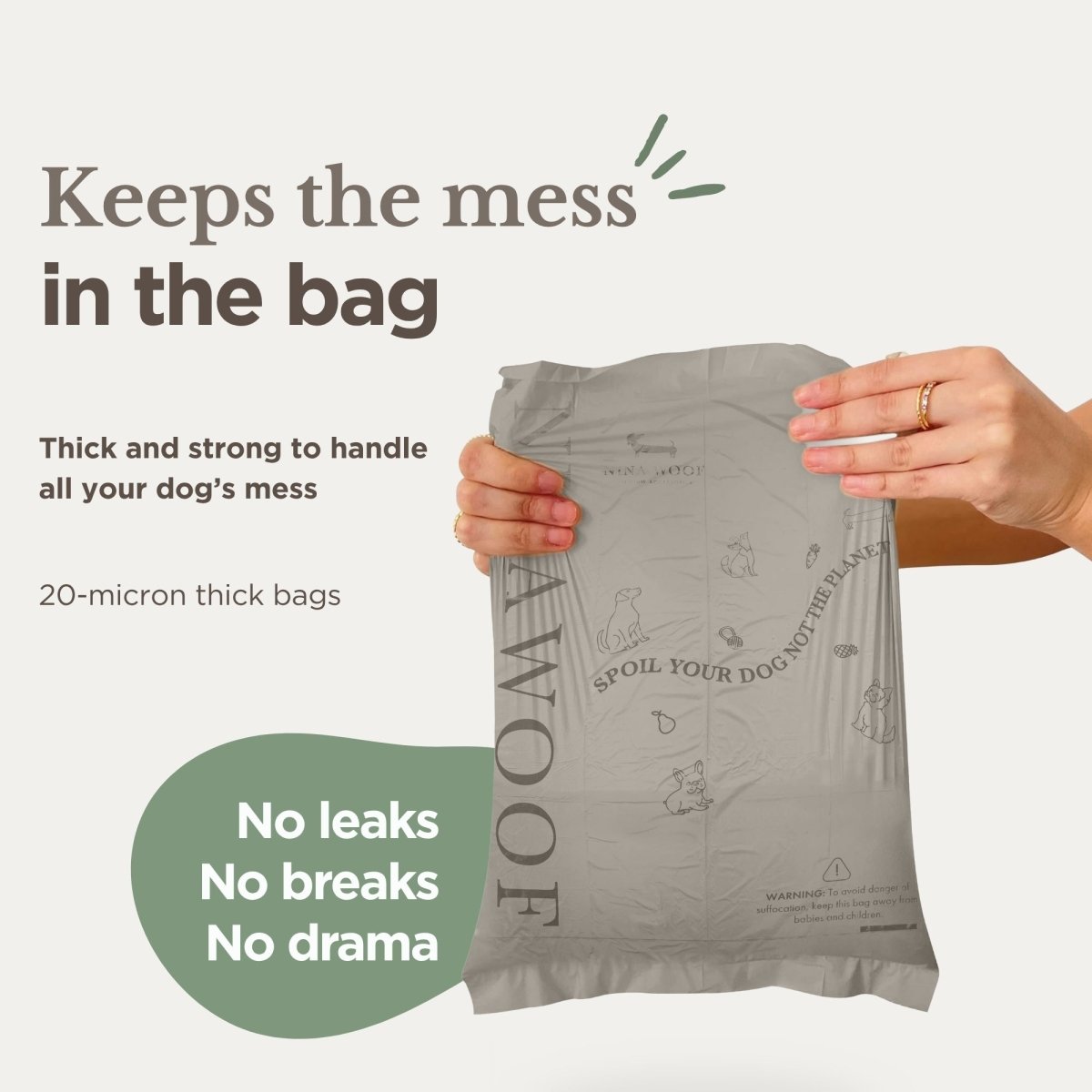 Dog waste bags with text highlighting features on a light gray background