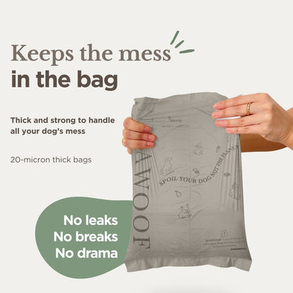 Dog waste bags with text highlighting features on a light gray background