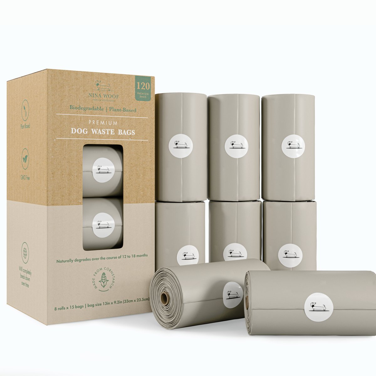 Dog waste bags with packaging on a white background