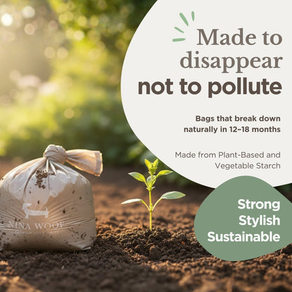 Biodegradable bag with a plant emerging, promoting sustainability.