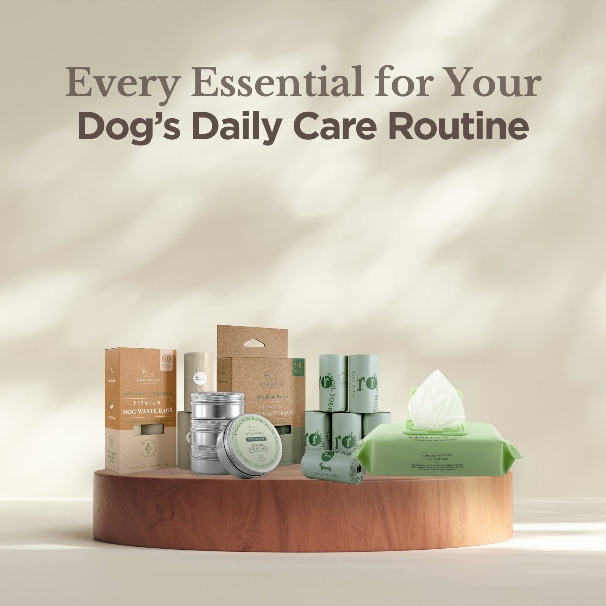 Dog care products including boxes, containers, and tissues on a wooden stand with a neutral background.