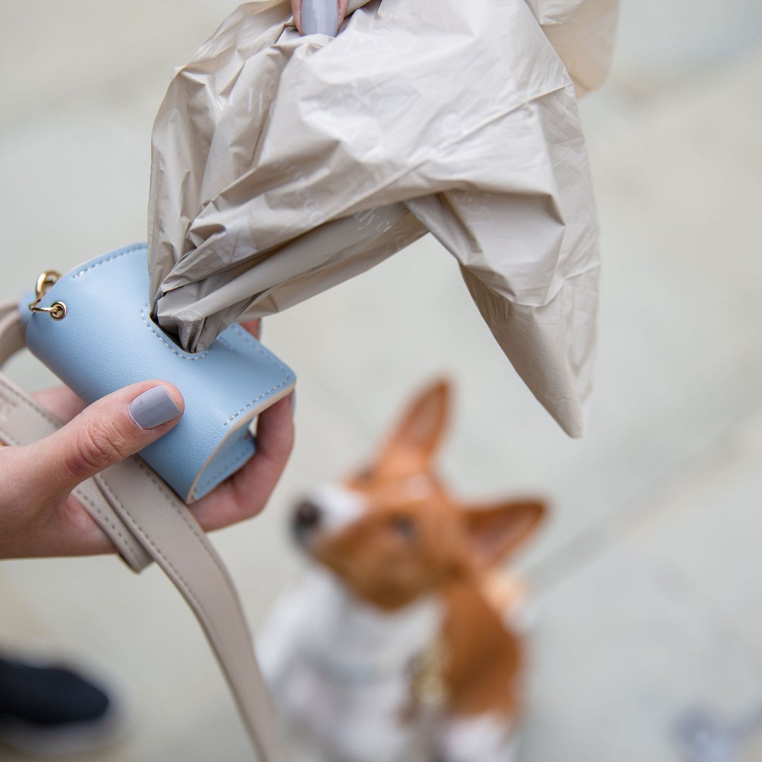 Person holding a light blue umbrella stand with a beige umbrella, blurred fox toy in the foreground.