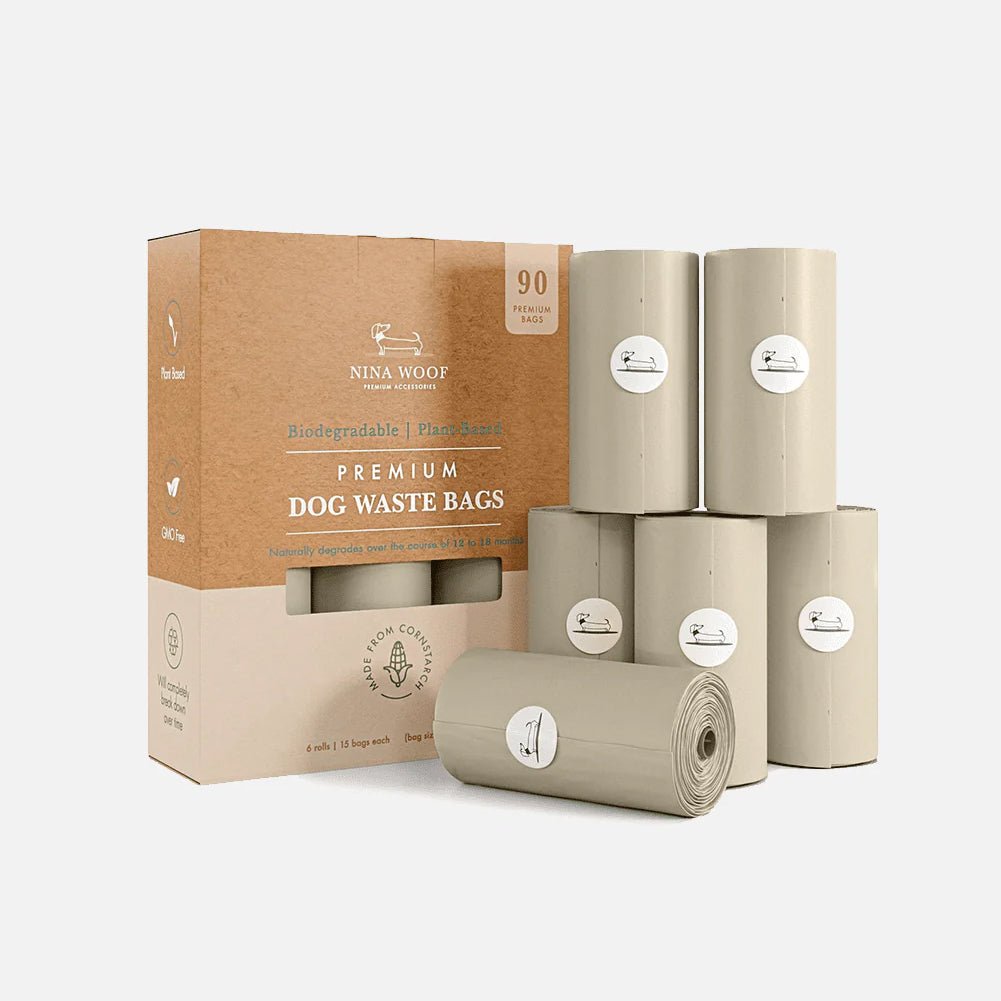 Nina Wood Premium Dog Waste Bags packaging with rolls on a white background